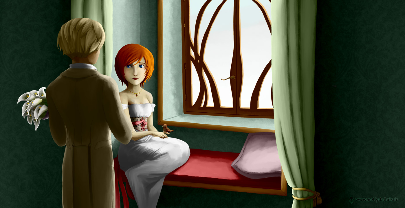 Marry est assise devant la fenêtre avec un oiseau mécanique posé sur sa main droite. Elle sourit tristement à Christian (qui nous tourne le dos) qui lui apporte un bouquet d’arums blancs