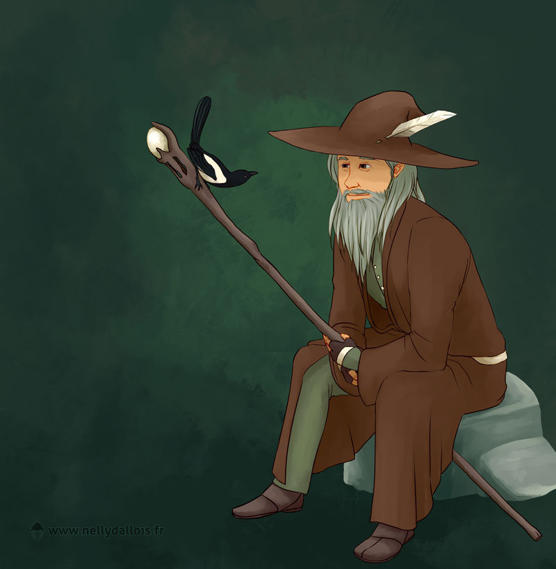 Radagast est assis sur une pierre et jette un regard amusé à une pie posée sur son bâton de magicien.