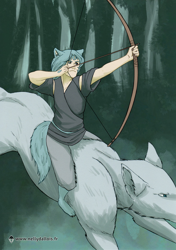 Seiko bandant son arc sur le dos de son loup géant