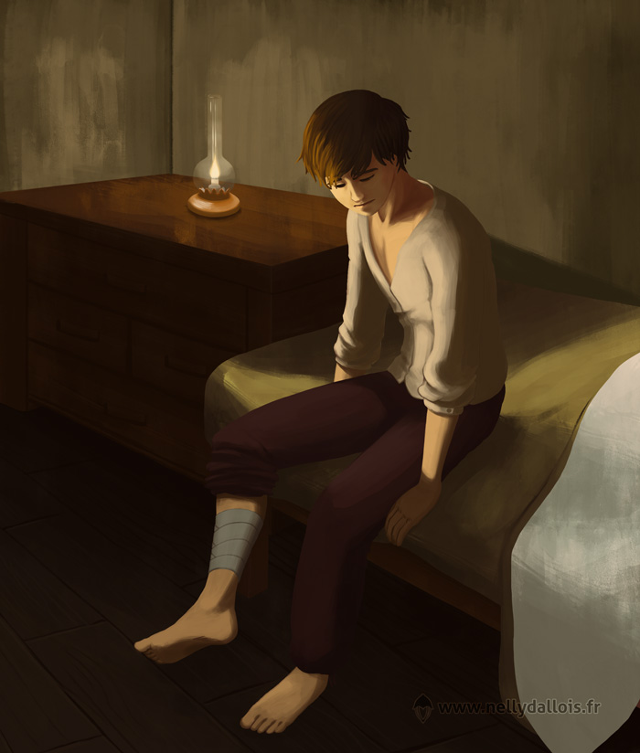 Éden est assis sur son lit, dans sa chambre. Il regarde avec appréhension un bandage sur son mollet droit. Il fait nuit et la pièce est éclairée par une lampe à huile