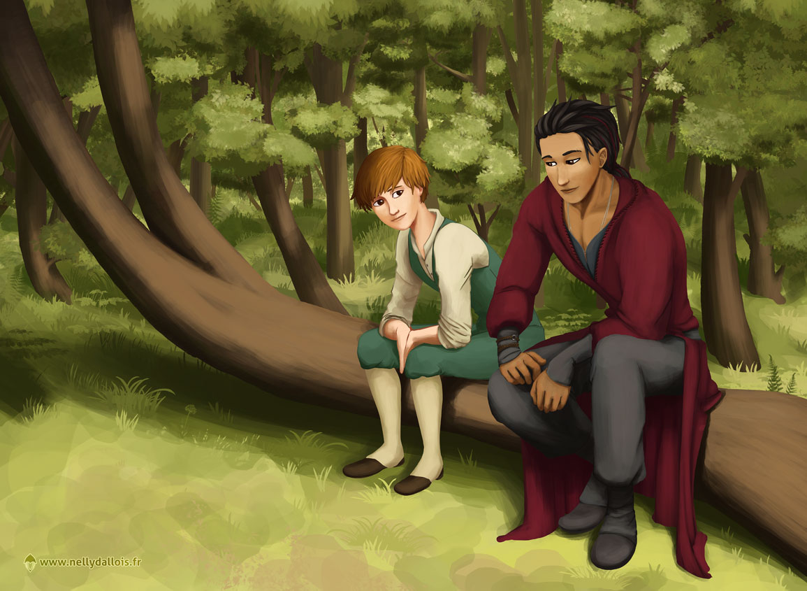 Éden et Hassan, assis côte à côte sur un arbre couché, en bordure de forêt.