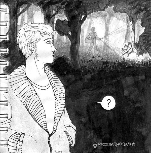 Bretlin voit la silhouette de Jehan au loin dans la forêt. Il fait déjà nuit.