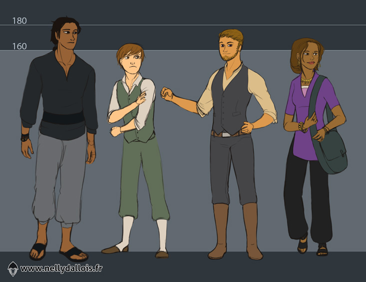 Les personnages principaux de Sihault côte à côte. croquis numérique en couleur