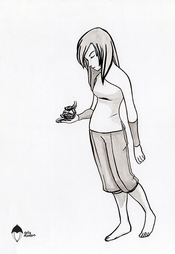Bendis tient une petite boule d&rsquo;énergie. Illustration en pieds, réalisée au pinceau et à l&rsquo;encre.