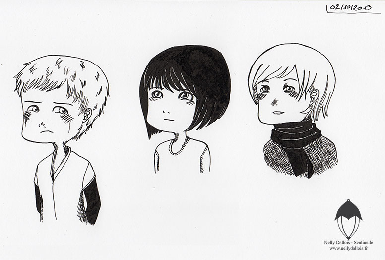 Trois portraits de personnages aléatoires. Un aux joues rouges qui a visiblement pleuré, un deuxième qui sourit un peu et un dernier qui sourit mais est malade: joues et nez rouges, écharpe autour du coup. Illustrations au stylo feutre noir, pointe fine.