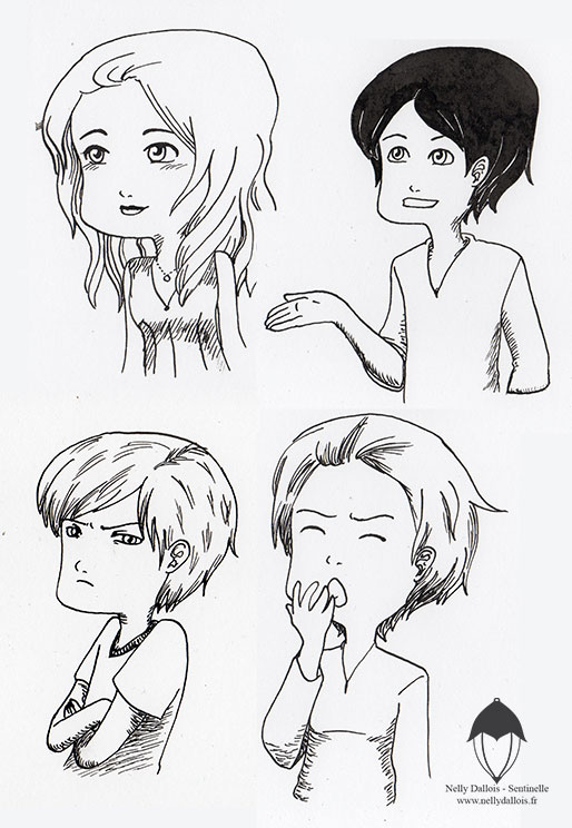 4 portraits de personnages. Un souriant, un enjoué, un boudeur qui croise les bras et un fatigué qui baille. Illustrations au stylo feutre noir, pointe fine.