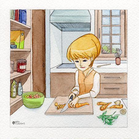 Aquarelles, vue de face. Bendis travaille dans sa cuisine. Elle coupe une carotte en rondelles. À côté d&rsquo;elle, sur le plan de travail: d&rsquo;autres plantes et légumes et un saladier contenant ce qu&rsquo;elle a déjà découpé. Derrière elle: un second plan de travail avec la plaque de cuisson et la hotte, une fenêtre et sur le mur à sa droite: des étagères avec des livres, des bouteilles et des bocaux.