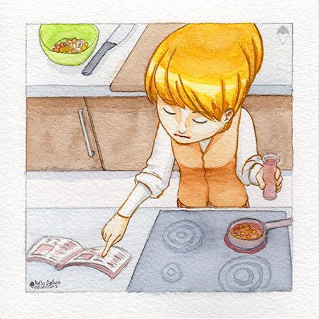 Aquarelle, vue en contre-plongée. Bendis est devant sa plaque de cuisson. Une petite casserole contenant des légumes est en chauffe. Bendis consulte son livre de cuisine, une grosse fiole dans une main.