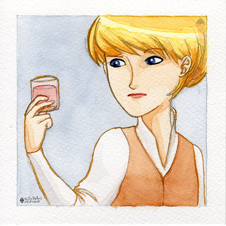 Aquarelle, vue de face. Bendis a terminé sa potion. Elle regarde avec appréhension le verre qui la contient, qu&rsquo;elle tient d&rsquo;une main.'.